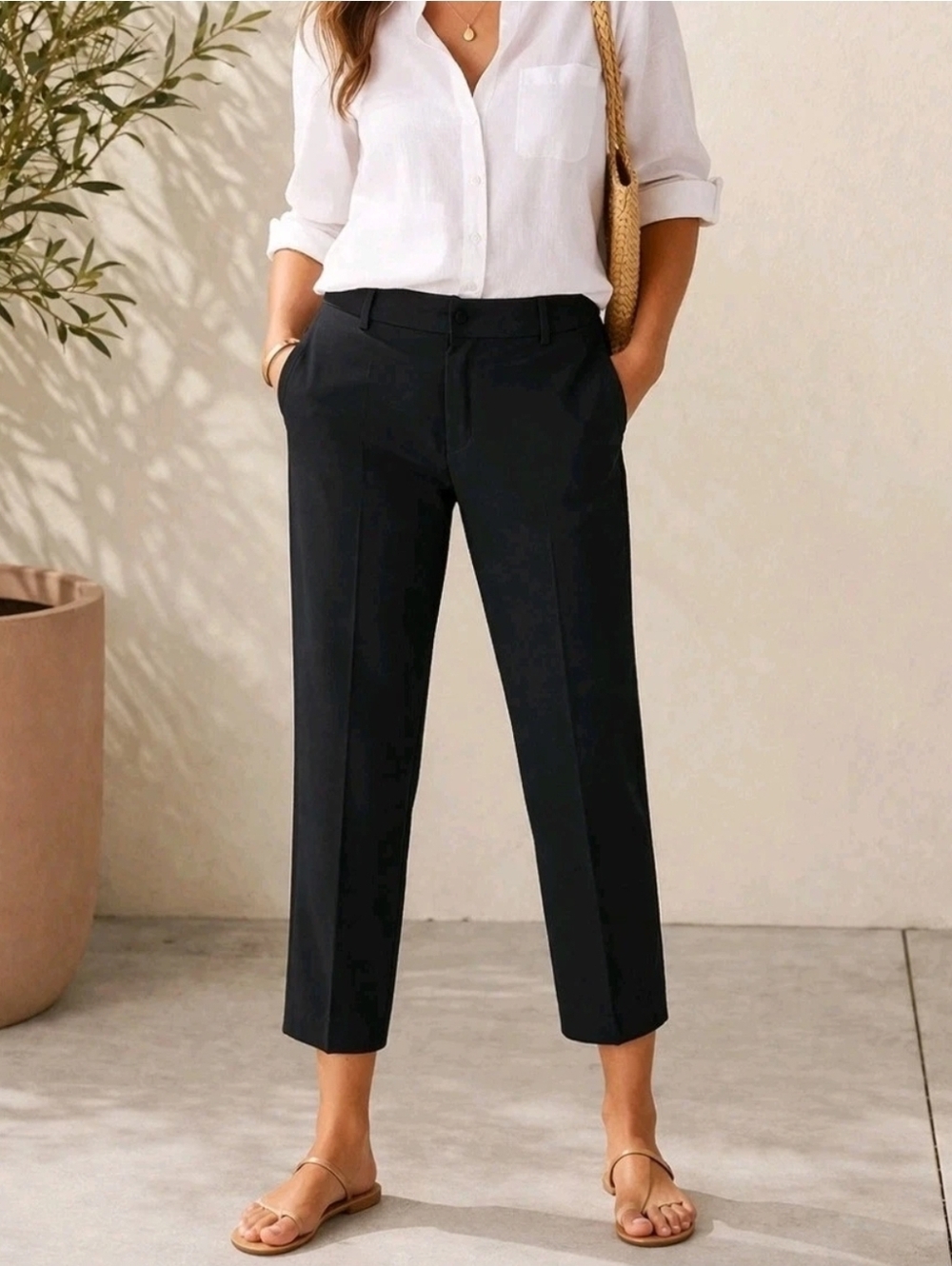 Nili Lotan Ankle Crop Slim Straight sz 6 Black Trouser Pant Pockets 26" Inseam
